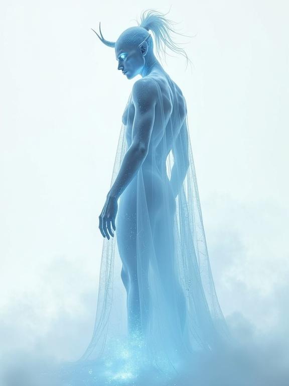 Full-body view of a male tiefling ghost with a spectral and semi-transparent ectoplasmic body. The form has a smooth, glossy, crystal-like surface with faint glowing blue light resembling frosted ice. Translucent hair is tied in a high ponytail, with soft glowing eyes and legs fading into mist. The ghost wears a spectral cloak that looks like cracked ice or crystal shards dissolving into fog. The figure blends into a white background, giving it a ghostly and intangible look with soft focus edges and subtle volumetric fog. Floating glowing particles surround the figure in a cold, icy, dreamlike style.