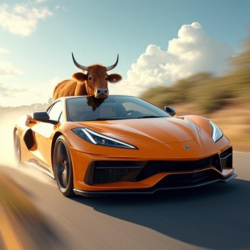 Generate an image of a super sport car with cows inside and outside enjoying the speed with one cow driving.