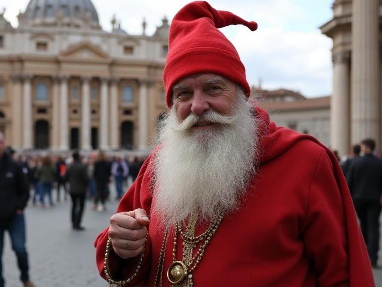 A bearded man in a bright red outfit posing in a major square. Historic architecture in the background. The atmosphere is cheerful and festive.