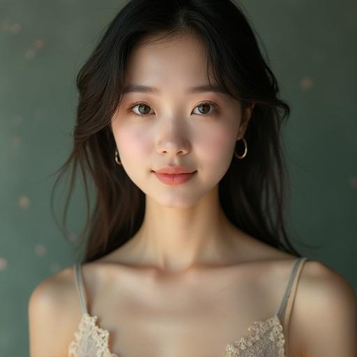 Photo of a beautiful East Asian woman with soft eyes and a gentle smile. She wears a lace short dress. The composition captures elegance and charm against a dark green background.
