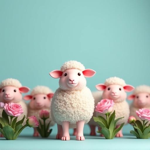 A group of cartoon sheep with one pink sheep in the center. Background is aqua. Light pink rose bushes around the sheep.