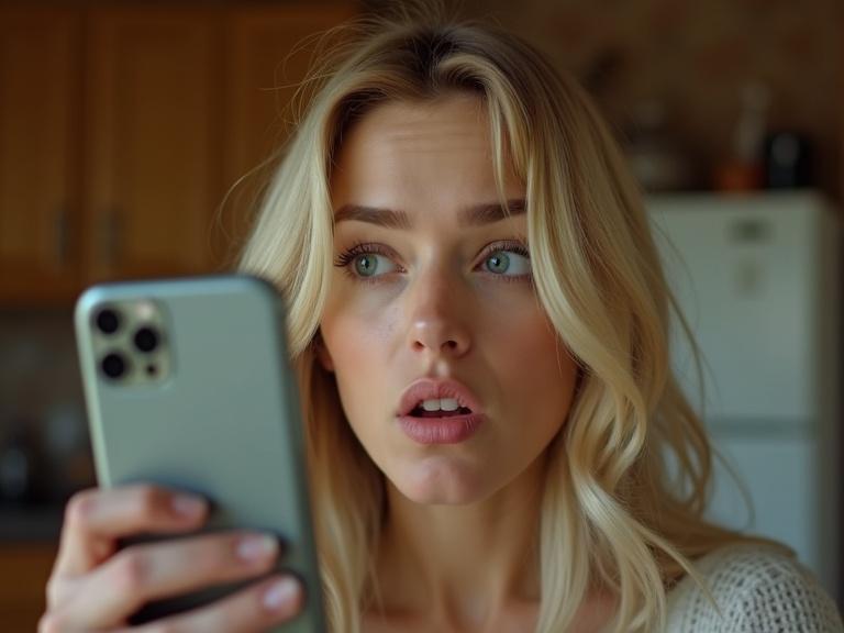 Portrait shot of a blonde woman with widened eyes and slightly open mouth. She is staring at the phone. The moment of realization hits as she reacts emotionally. Cozy kitchen is in the background. Warm tones are used throughout the image. Photorealistic lighting enhances the natural skin detail. The style is cinematic.