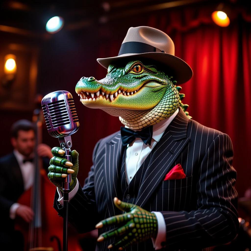 Ultra-realistic image of an anthropomorphic alligator jazz singer at a jazz club. The alligator wears a tailored pinstripe suit and fedora. The singer emotively performs into a vintage chrome microphone. The stage has soft lighting that highlights the alligator's features. The background includes red velvet curtains and a smoky atmosphere. The image captures a lively jazz performance with rich details in attire and stage elements.