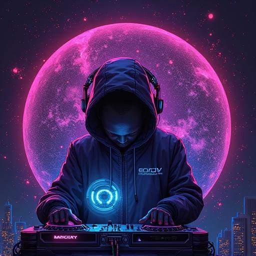 A futuristic album cover featuring a DJ in a hooded sweatshirt. The DJ stands in front of a large glowing pink moon. The DJ operates turntables with glowing elements. Neon colors dominate the scene, creating a vibrant and energetic atmosphere. Title displays DJ Subtronixx and For A Dream prominently.