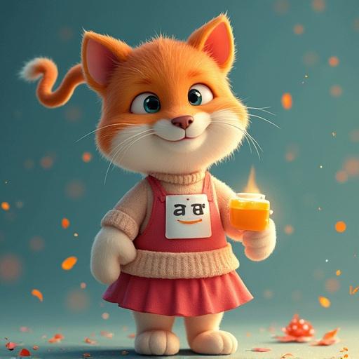 A cute cartoon cat character stands smiling. Cat holds a drink and wears a cute dress. Character features bright orange fur, fluffy ears, and a happy expression. The background is colorful and cheerful.