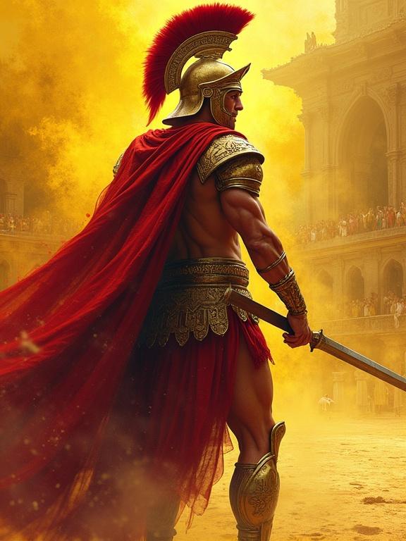 Digital illustration of a bejeweled Spartan warrior in an arena. The artwork features dazzling colors and textures. Emphasis on intricate details and a contrasting background of yellow ocher and burnt sienna.