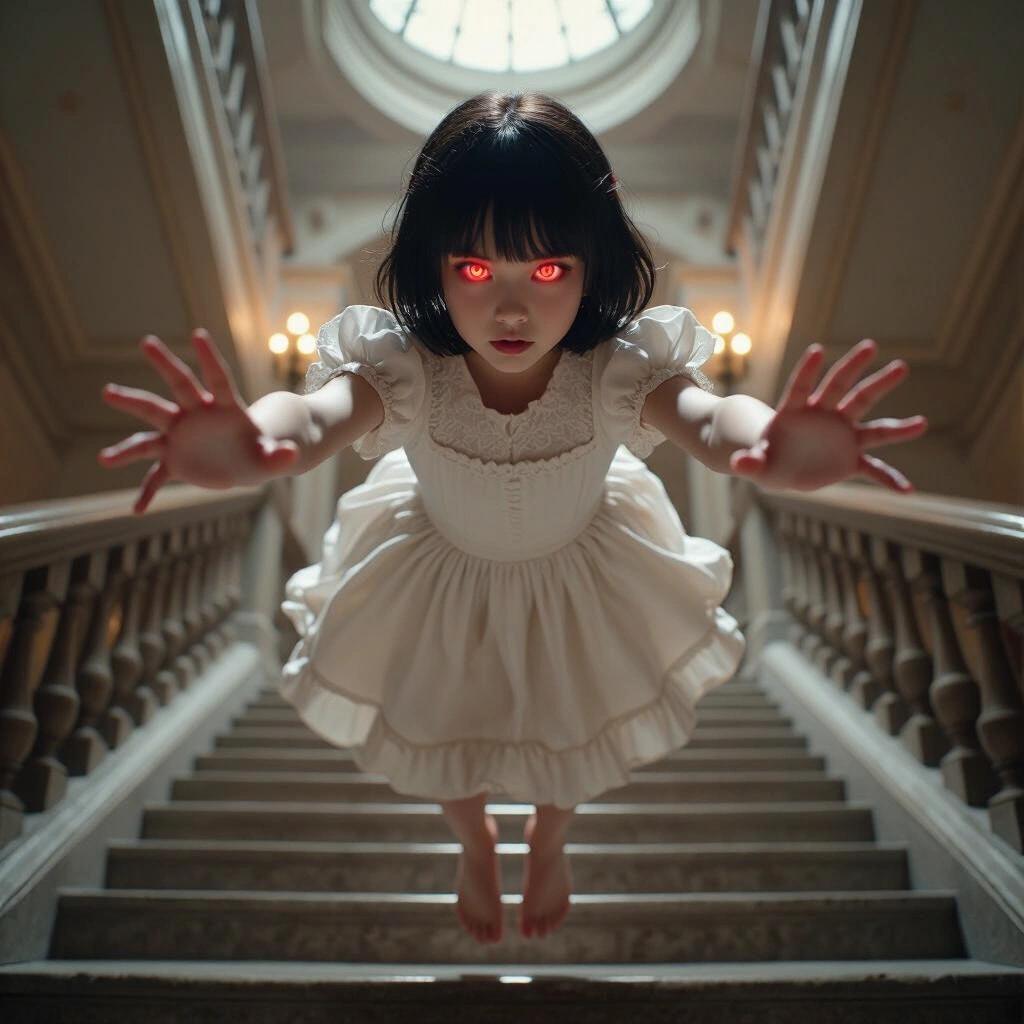 A young girl with bright red eyes floats above a stone staircase in a grand mansion. Her stern expression is menacing as she reaches out, wearing a frilly white dress. The lighting sets a horror tone.