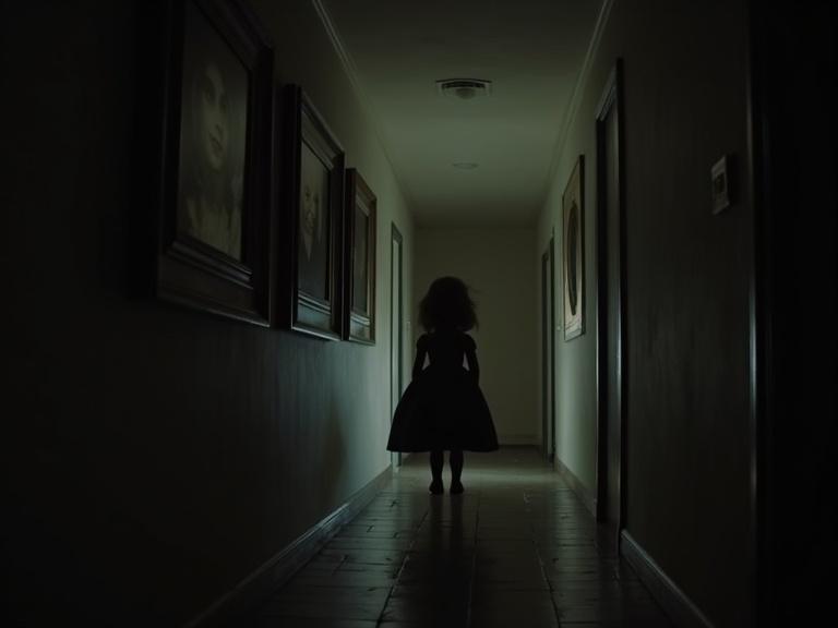 A shadowy figure resembling a doll stands at the end of a dimly lit hallway. The corridor is adorned with old portraits. The atmosphere is eerie and suspenseful.