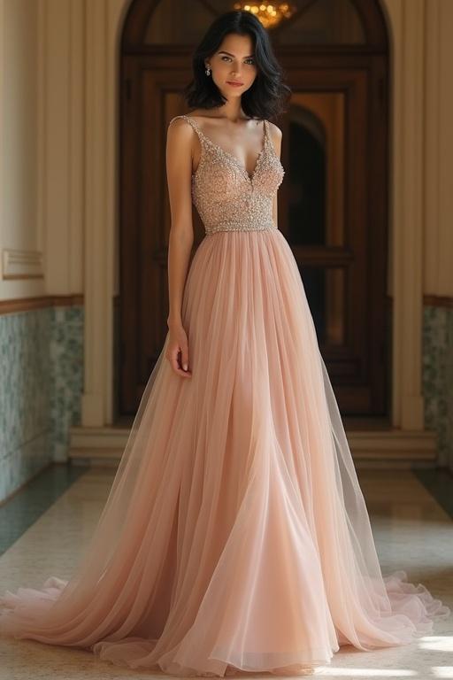 Elegant dress designed for a sunset wedding guest. Dress features a flowing skirt made of chiffon with elaborate details. Model displays long black hair and light green eyes. Makeup is natural with subtle jewelry. Hairstyle is a semi-updo, full-length view of the dress is shown.