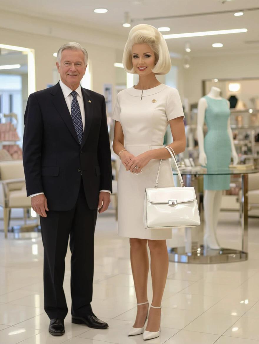 A portrait of a woman with beehive blonde hair. She wears a business dress and holds a white purse. An older man stands beside her in a suit. The background features a dress boutique with elegant decor.