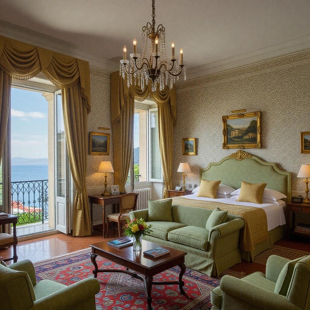 Elegant hotel suite at San Domenico Palace in Taormina. Features stylish furniture, large windows with a view, and bright colors. Decorative chandelier enhances the ambiance. Comfortable seating area with high-end furnishings. Walls adorned with art.