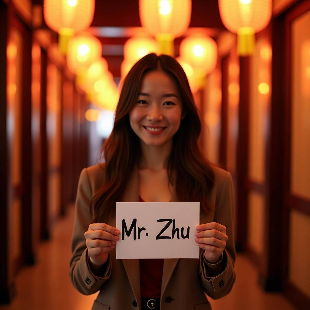 A woman holds a card that indicates Mr. Zhu. She stands in a hallway filled with colorful paper lanterns. The atmosphere is warm and inviting.