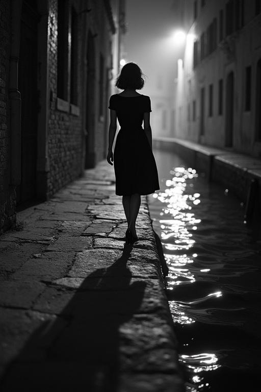 Vertical photograph in black and white. Side view from water level at a Venetian canal. A woman walks on a stone quay. She wears a vintage dress and classic shoes. The scene features moody lighting and grainy texture.