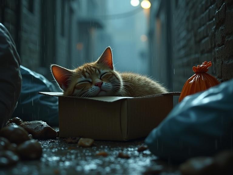 A sad dirty street cat sleeps peacefully in a cardboard box. The cat is surrounded by trash bags in a rainy alley. The atmosphere is emotional and the lighting is dark yet soft. The style is reminiscent of Pixar animation.