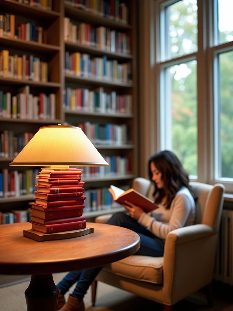 Image showcases a cozy reading nook in a library or study room. A unique lamp made of stacked red books rests on a wooden table. Tall bookshelves filled with colorful books are in the background. A person sits comfortably in a beige armchair reading a book. The warm atmosphere is enhanced by natural light from large windows.