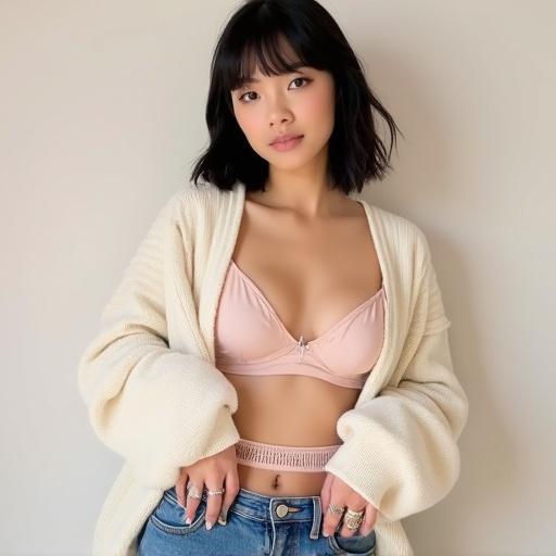 Fashion portrait of a woman posing against a light background. She has fair skin, straight shoulder-length dark hair with bangs. Wearing light pink bra and matching underwear, partially covered by an oversized cream sweater. Loose blue jeans unbuttoned, revealing waistband of underwear. Multiple rings on her fingers. Style is modern and casual, focusing on contemporary trends.