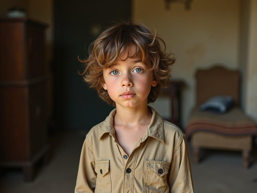 This image features a young boy standing still with an expressive face. He has tousled hair and bright eyes that seem to reflect deep emotions. His clothing is simple and somewhat worn, suggesting a modest lifestyle. The background is softly blurred, directing focus to the child. The scene is illuminated with natural light, creating a warm and inviting atmosphere.