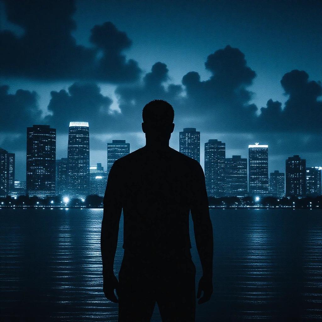 Dark Miami cityscape album cover featuring a silhouette of a person. Evokes a murderous and mysterious vibe similar to Dexter. Night setting with city lights.