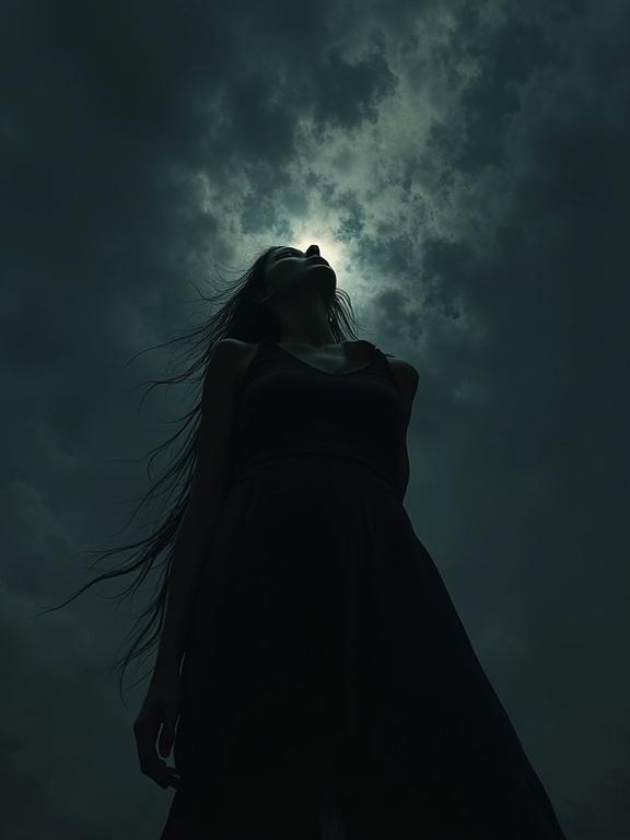 A woman's silhouette reaching upward towards a dark sky. The perspective is extremely low angle showing a distorted view. Dark and moody atmosphere.