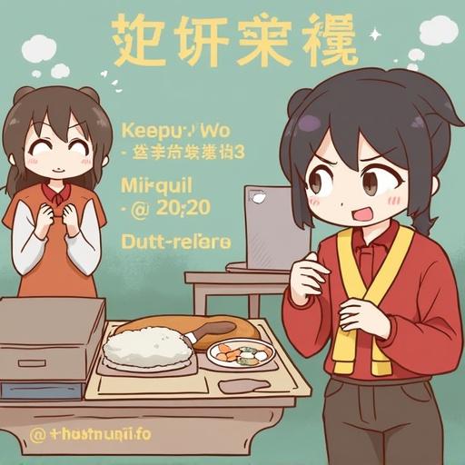 Cartoon characters in a kitchen setting. One character cooking and one observing. Colorful and cheerful atmosphere.