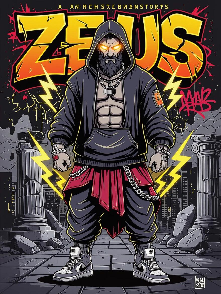 Illustration of a modern Greek god character in streetwear style. The figure appears powerful and dynamic. Wears oversized hoodie and sneakers. Features chains and ancient armor elements. Glowing eyes and god-like aura. Urban cityscape background with graffiti tags and lightning bolts. High contrast and vivid colors. Edgy and print-ready for streetwear. Clean background, no text. High-resolution for apparel use.