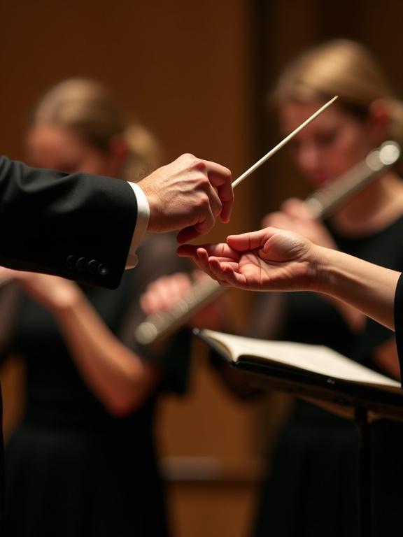 A warm-toned vertical image captures a man's hand passing a conductor's baton to a woman's hand. The man's hand comes from a black formal suit sleeve and the woman's hand is from an elegant black dress sleeve. The image focuses tightly on the hands and baton. In the background, musicians are playing wind instruments like flutes and clarinets. The lighting is golden and cinematic, creating a solemn atmosphere.