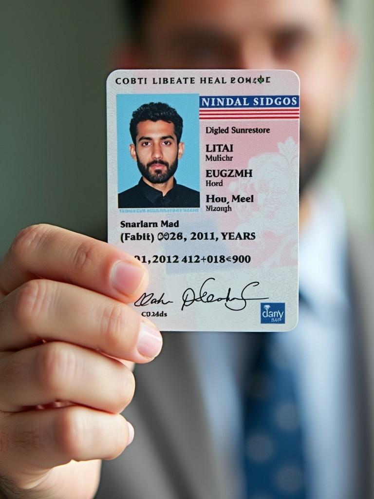 An American government ID card held by a person. Blue color scheme with personal details visible. Natural lighting with emphasis on the card.