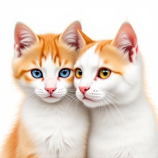 Two Norwegian cats are depicted. The younger cat has orange fur on its forehead, white body, and blue eyes. The older cat has orange fur on its forehead, white body, yellow eyes, and more neck fur. The image is delicate and high resolution.