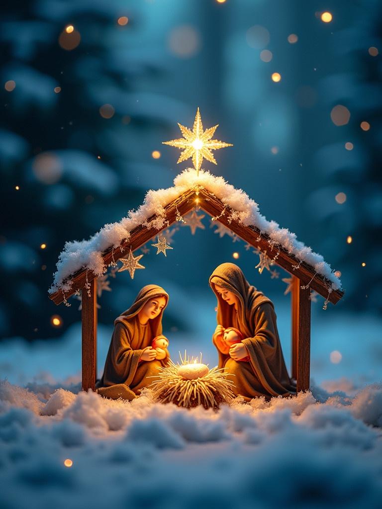 A Christmas manger scene shows the Holy Family. The scene is surrounded by snow. Twinkling lights add warmth. A shining star illuminates from above. The text is included, expressing joy about a child being born.