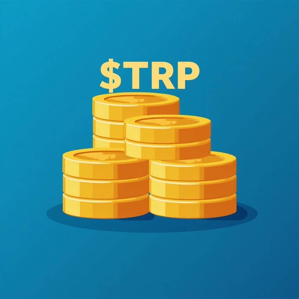 Stack of golden coins labeled $TRP against a blue background.