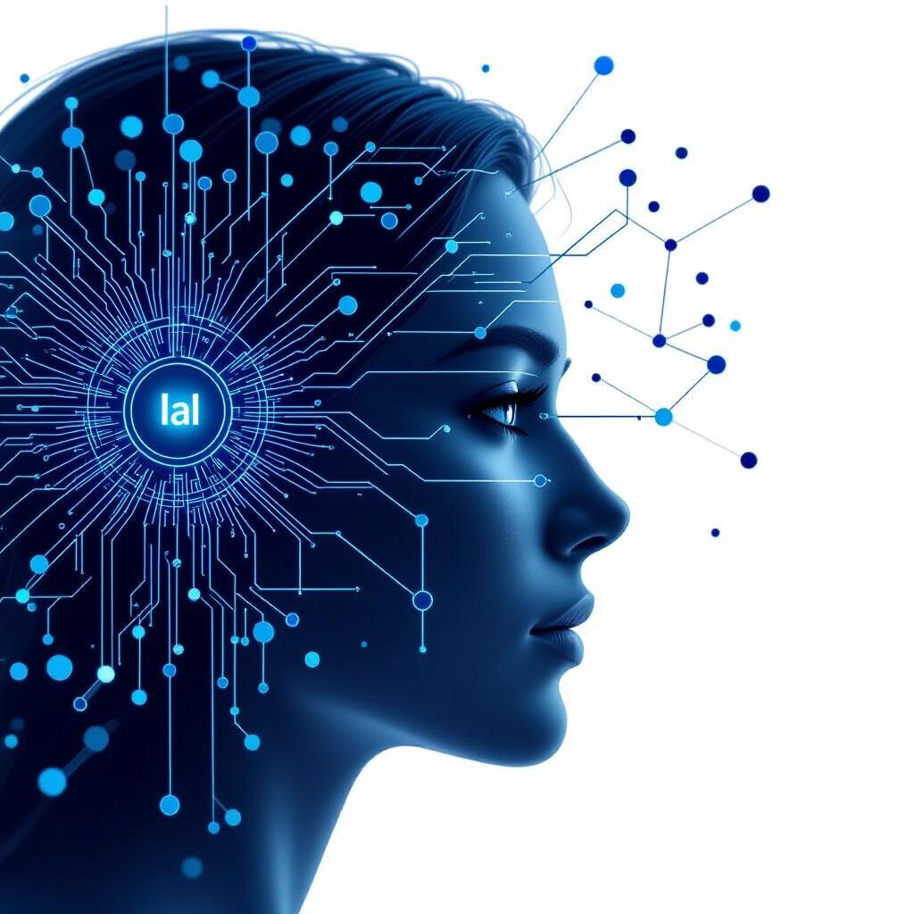 Create a background image for a social media flyer focusing on artificial intelligence. Use a blue color palette and include abstract elements that represent technology and connectivity. Highlight a central theme of AI in a human-like silhouette.