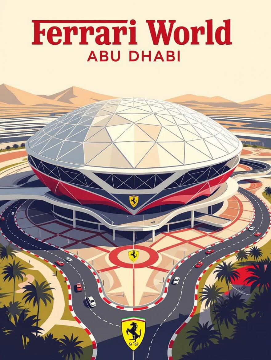 Poster design featuring a top-down view of Ferrari World Abu Dhabi. Focus on the unique dome shape. Use clean geometric style. Include subtle colors with distinctive red accents.