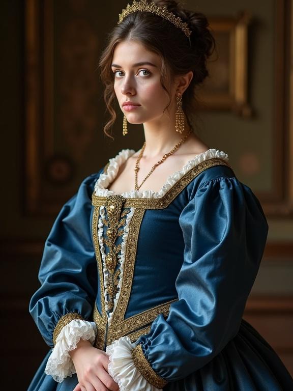 Young noblewoman dressed in 1750s nobility attire. Blue gown with gold detailing. Features large bust thin waist large hips and large thighs. Elegant jewelry complements the outfit.