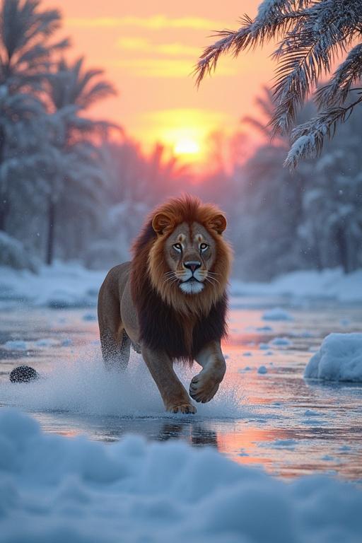 A lion runs on a frozen lake. The landscape is a mix of tropical and snowy elements. The sun is setting in the background.