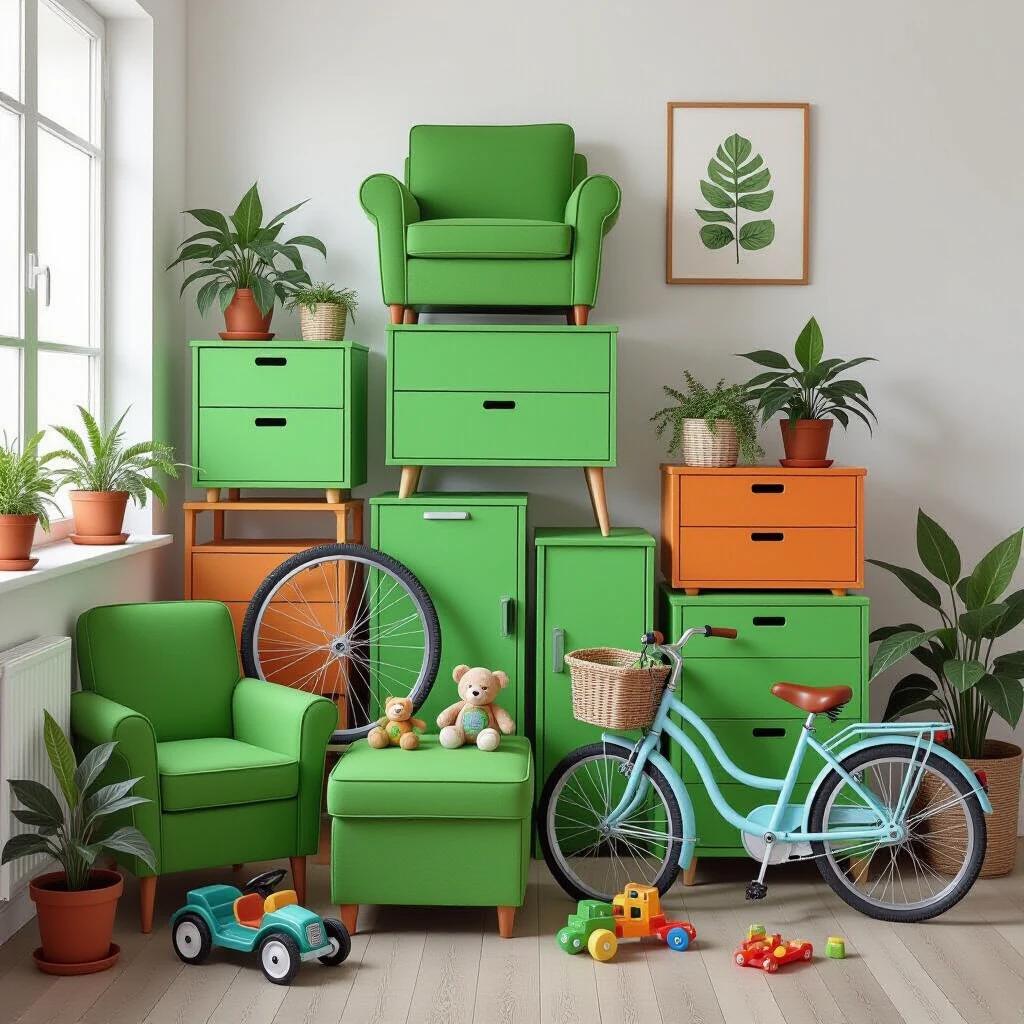Realistic drawing featuring a pile of green objects like furniture, a bicycle, plants and toys. Lively and organized composition with vibrant colors and a cozy atmosphere.