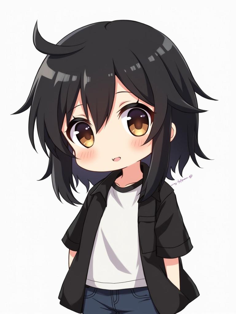 Chibi anime character with black hair and a modern mullet hairstyle. The character has brown eyes and wears a black shirt over a white t-shirt.