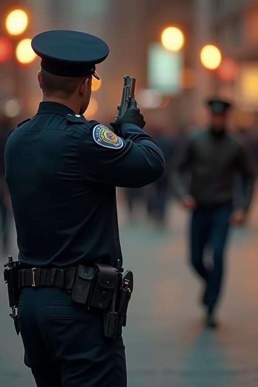 Police officer in uniform aims a gun at a fleeing suspect. Background contains blurred pedestrians and streetlights. Focus on the officer's back and the action of aiming.