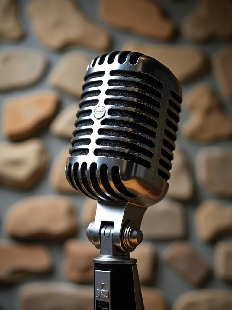 Retro stainless steel microphone features shiny surface. Bold design stands against textured stone wall. Microphone appears prominently in focus.