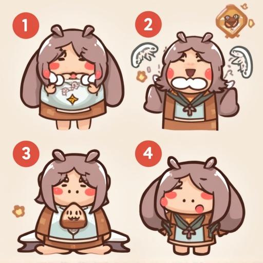 Four-panel comic depicting a cute character expressing different emotions related to deep-toon drawing.