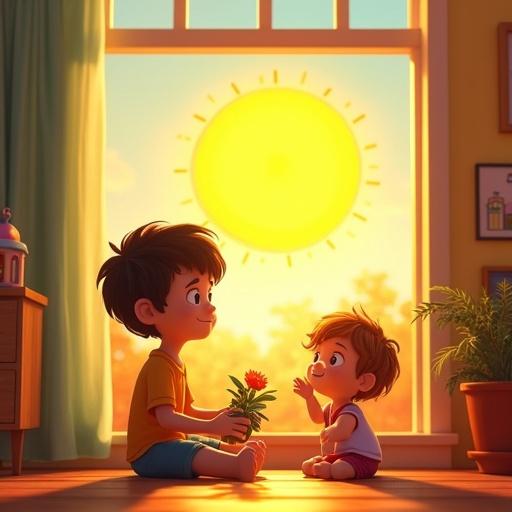 An animated scene depicts two children in a sunny room. One child holds a flower, and the other looks up excitedly. Bright sunlight streams in through a window, creating a warm atmosphere. The setting conveys joy and curiosity about solar energy.