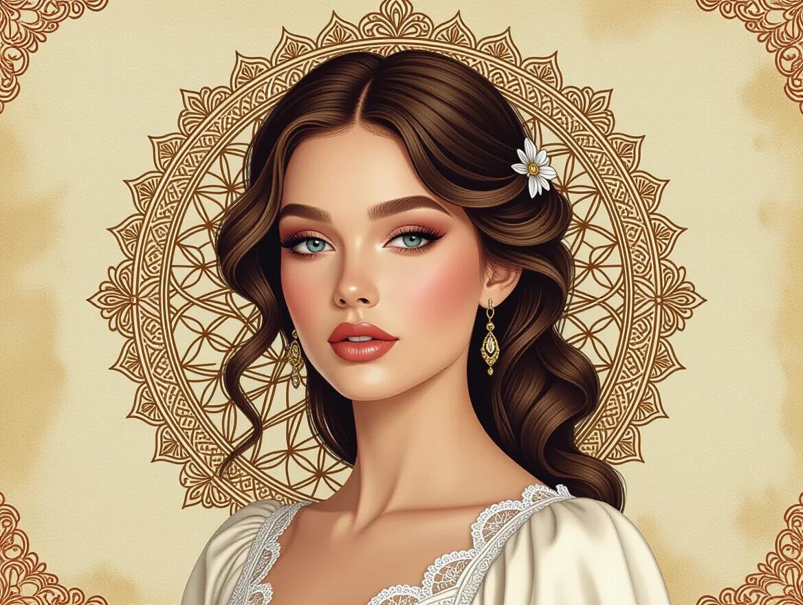 This image features a hyperdetailed portrait of a supermodel. The artwork employs zentangle and 3D Droste effect techniques. It is rendered in high-resolution and designed to appear elegant and ethereal.