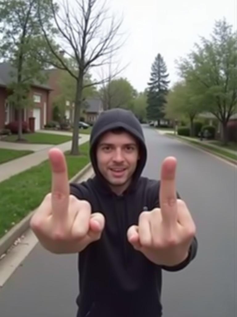 Bodycam footage captures a person showing middle finger on a street. The street has trees and houses. The angle shows the person from the front.