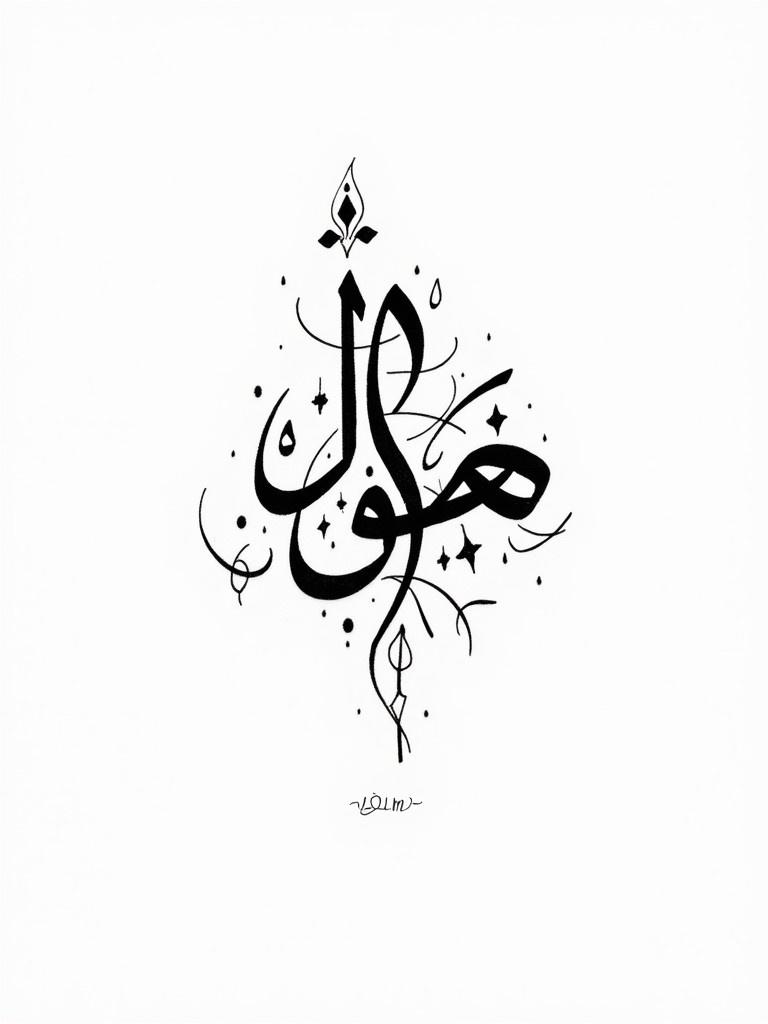 Intricate Arabic calligraphy design features the phrase 'نورول فاتا' in black ink. Utilizes traditional Diwani script style. Flowing curves and artistic embellishments create a symmetrical and elegant design. Standalone aesthetic on a white background.