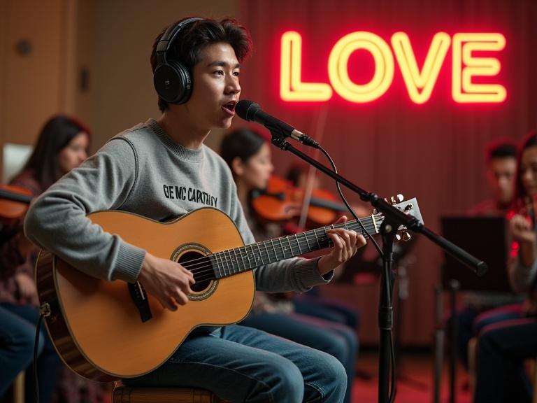 Vintage indoor recording studio from the 1970s. Young man seated on wooden stool. Playing acoustic guitar and singing facing the camera. Wearing grey thick sweater and blue jeans. Professional microphone in front. Orchestra performing with string instruments in the background. Shallow depth of field blurring the background. Neon sign 'ALL YOU NEED IS LOVE'.