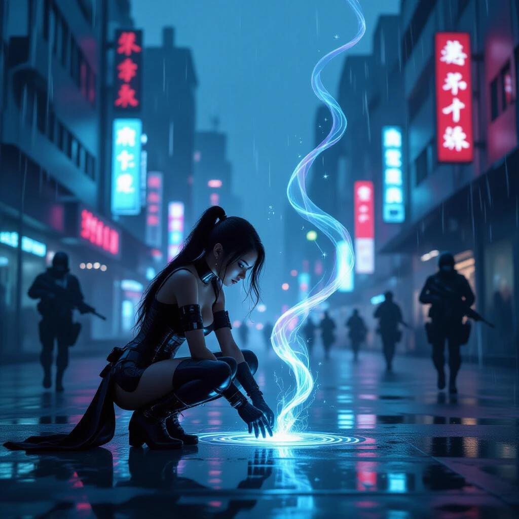 Woman in stealth-corset crouches over glowing quantum chip. She cracks the seal. Iridescent stream of ghostly silhouettes spirals out. Apparitions freeze surrounding special-forces squad. Visors flicker white. Time itself seems suspended. Hologram doppelgänger cocoons the woman. Chrome-butterfly sphere hovers with emerald spotlight. Rain droplets hang in beam like glitter. Cold cyan and sickly green glows. Psychological horror atmosphere. Ultra-real cinematic style.