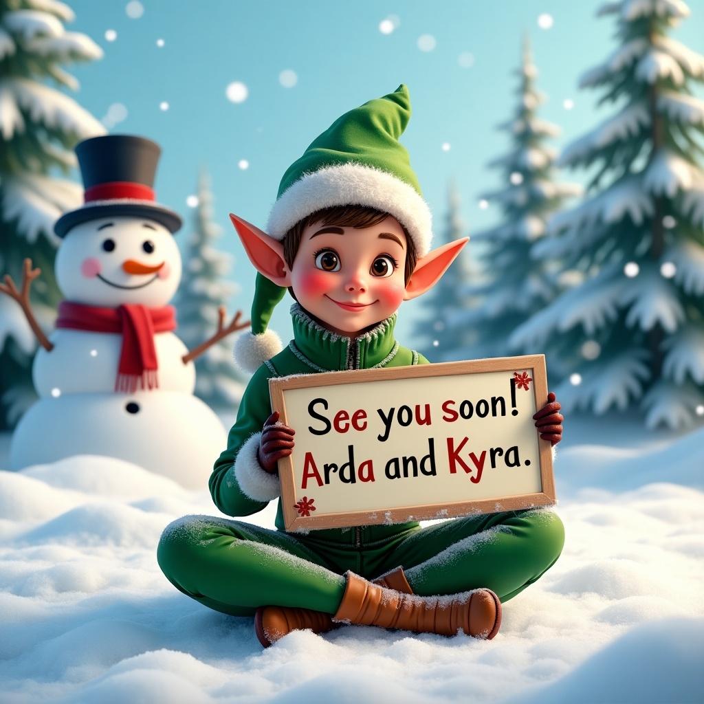 Elf sitting in snow holding a sign. Sign says see you soon Arda and Kyra. Snowman in background.