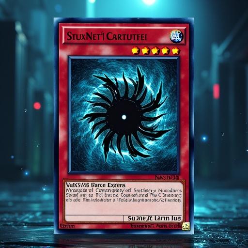 A Yu-Gi-Oh! trading card featuring the Stuxnet computer virus. Card design highlights cybersecurity theme. Dark spiral graphic dominates the center surrounded by decorative elements.