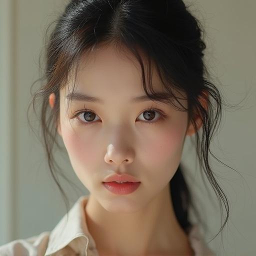 Portrait of an 18-year-old Korean actress with a small face and symmetrical features. She has a sharp V-line jawline and large almond-shaped eyes. Body proportions resemble a supermodel with long legs, slender ankles, and a dramatic silhouette. The skin appears glossy and faces are described realistically.