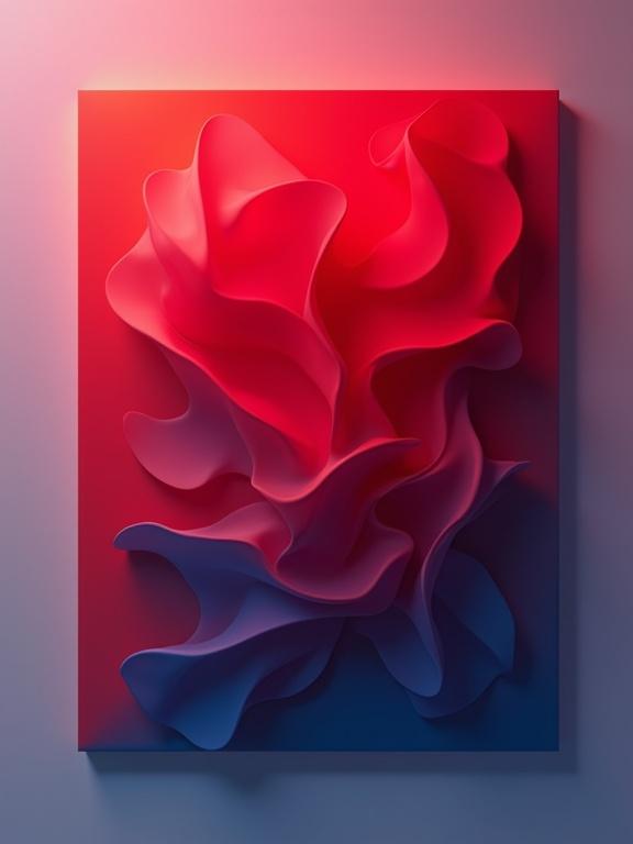 A two-dimensional object with sharp edges. Deep red and blue hues shift between each other. Layers juxtaposed with ghosted outlines.