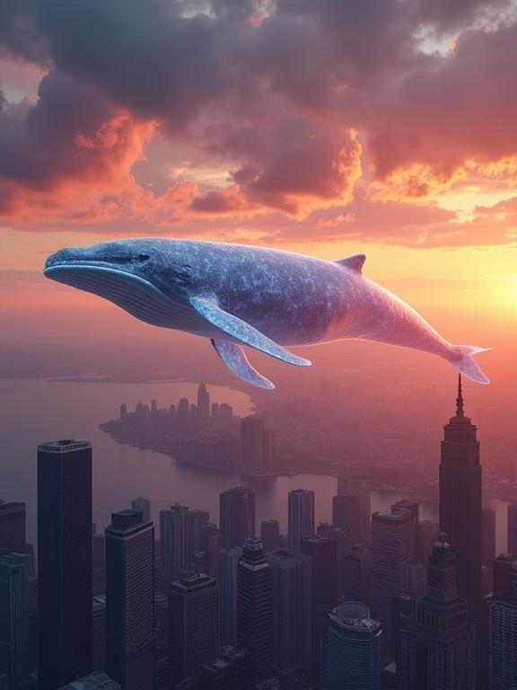 A hyperrealistic wide shot captures a translucent bioluminescent whale floating above a modern city skyline at sunset. The whale emits a soft glow that illuminates the clouds and casts light onto the buildings. The scene features warm colors of sunset contrasting with the whale's cool light. Photorealistic texture on whale and city. Sharp focus and cinematic lighting evoke wonder. Captured in high resolution.